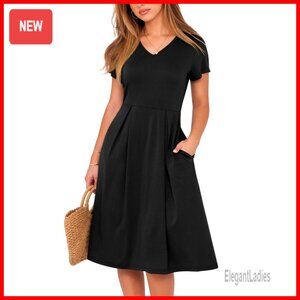 Slim Fit Summer Midi Dress with Pockets V Neck Short Sleeve A Line